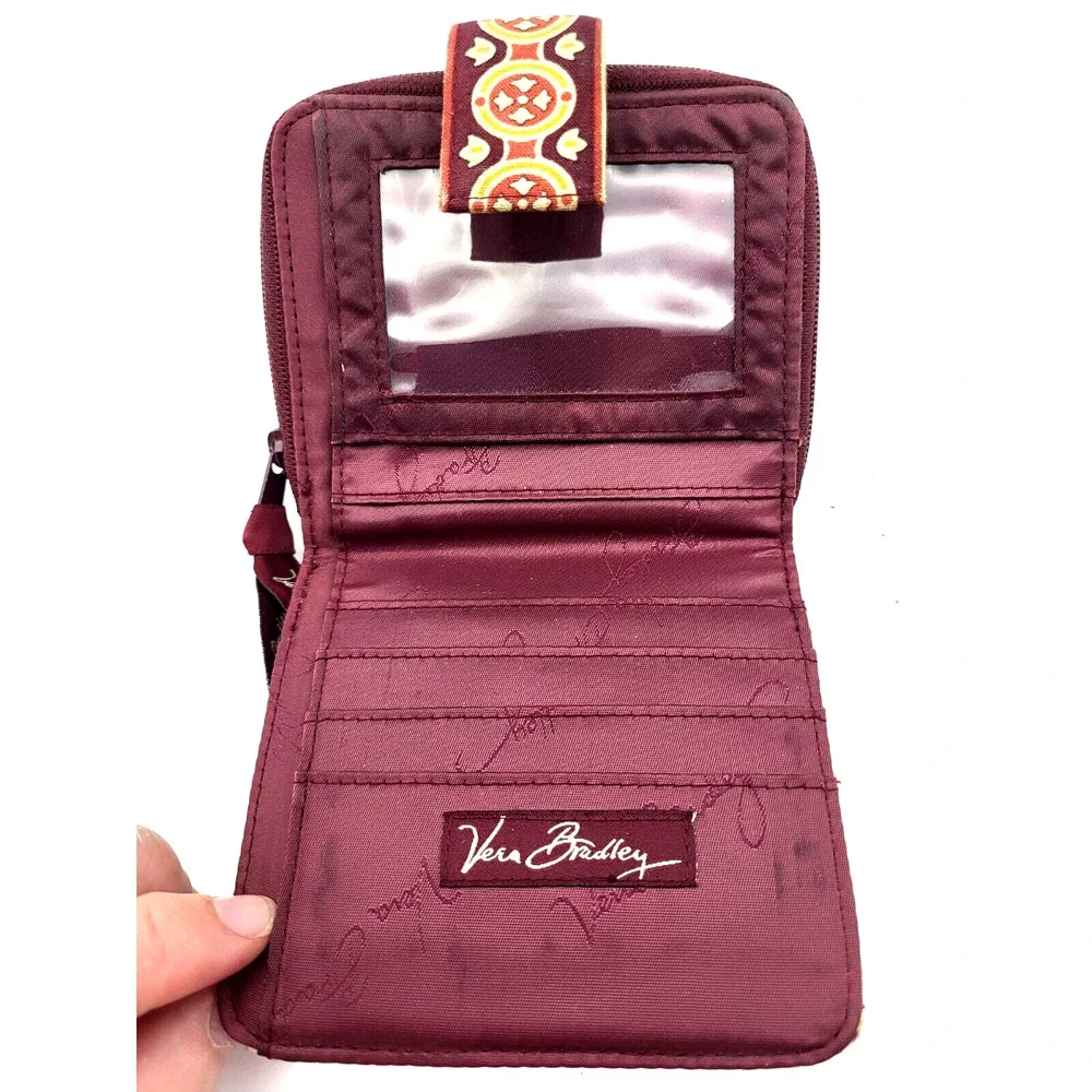 Vera Bradley Bifold Mini Zip Wallet Burgundy Gold Floral Medallions - Picture 6 of 8